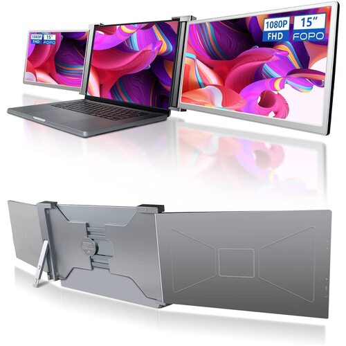 15 Inch Triple Portable Monitor FOPO FHD 1080P HDR IPS Laptop Monitor Screen Extender for Dual Monitor Display, for 15"-17" Laptops & Switch/Xbox/Phon