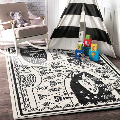 Piccolo Black and White Kids Camping Adventure Kids Rug 120x170cm