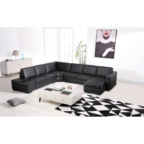 Lounge Set Luxurious 6 Seater Bonded Leather Corner Sofa Living Room Couch in Black with Chaise