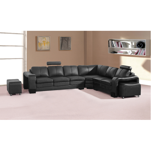 Lounge Set Luxurious 6 Seater Faux Leather Corner Sofa Living Room Couch in Black with 2x Ottomans