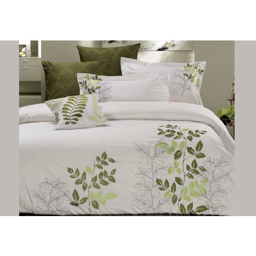 King Size Fantine Sylvan Green Leaf Pattern White Quilt Cover Set(3PCS)
