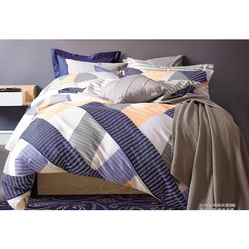 Queen Size Cotton Blue Orange Striped Quilt Cover Set (3PCS)