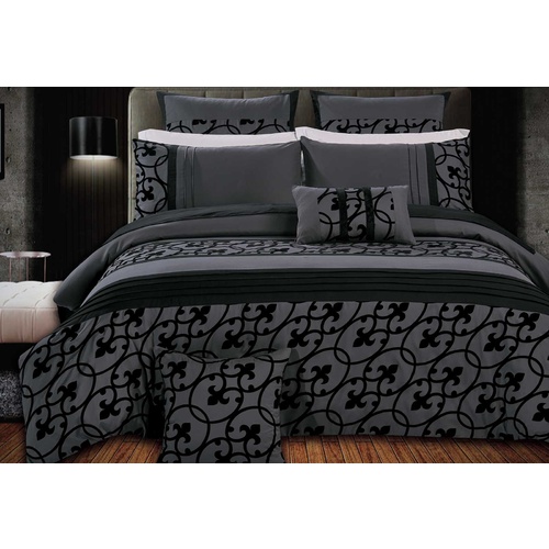 Luxton King Size Flocking Charcoal Black Quilt Cover Set (3PCS)