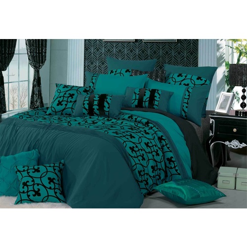 Luxton King Size Lyde Teal Black Flocking Quilt Cover Set(3PCS)