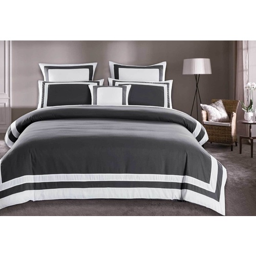 Luxton Queen Size White Square Pattern Charcoal Grey Quilt Cover Set (3PCS)