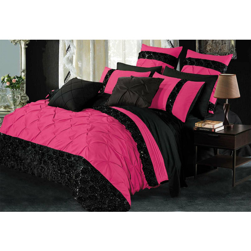 Super King Size Black & Hot Pink Sequins Quilt Cover Set (3PCS)