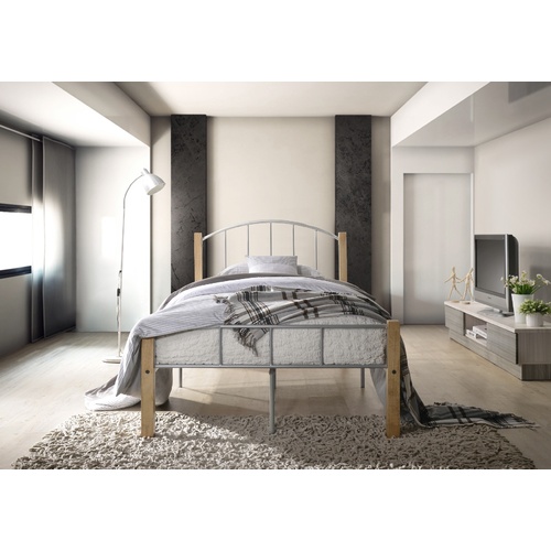 KING SINGLE bed frame w/ solidwood post in Natural + Silver