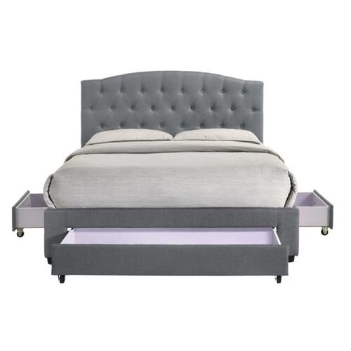 French Provincial Modern Fabric Platform Bed Base Frame with Storage Drawers Queen Light Grey