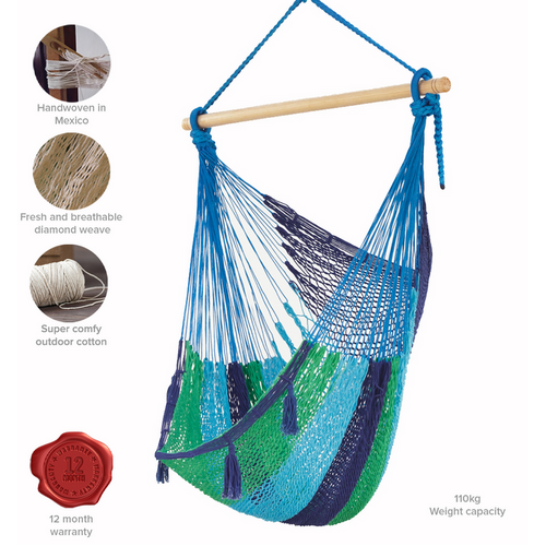Mayan Legacy Extra Large Outdoor Cotton Mexican Hammock Chair in Oceanica Colour