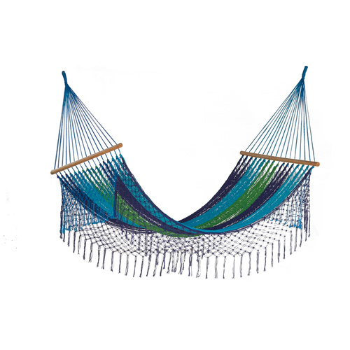 Mayan Legacy King Size Outdoor Cotton Mexican Resort Hammock With Fringe in Oceanica Colour