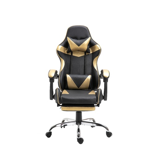 Gaming Chair Office Chair Computer PU Executive Racing Recliner Back Foot Rest Black and Gold