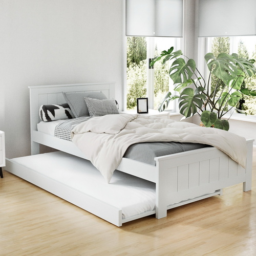 Artiss Bed Frame King Single Size Wooden Trundle Daybed White ELVIS